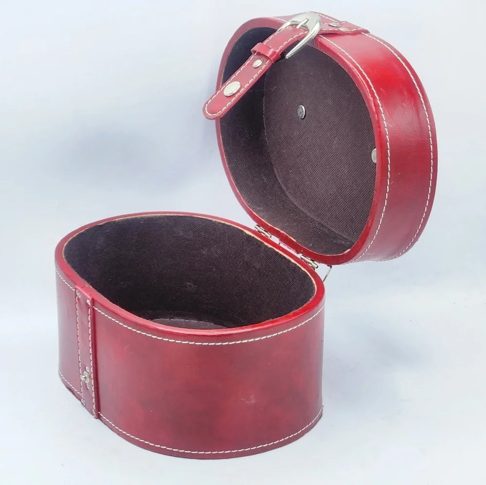 Vintage Style Faux Leather Burgundy Oval Storage Case Contrast White Stitching